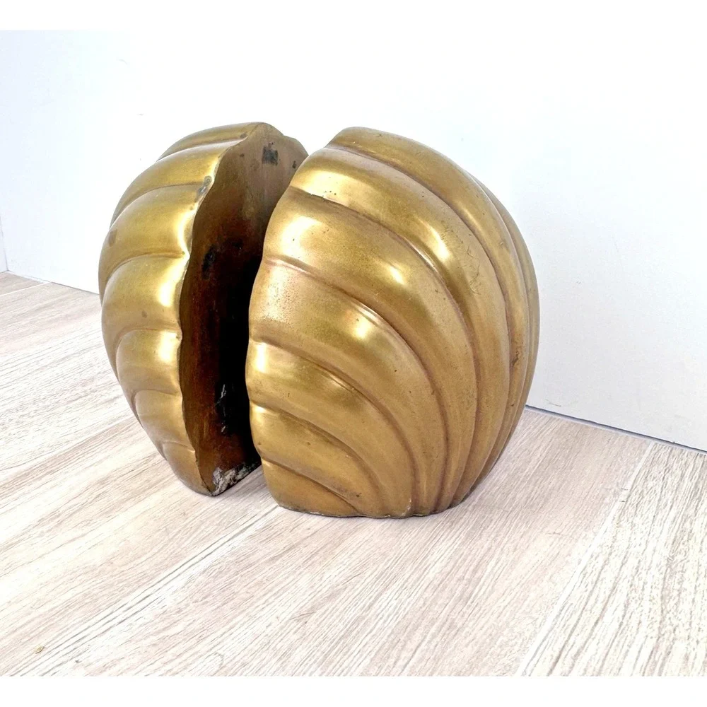 Vintage Brass Shell Bookends Heavy Coastal‎ Nautical Decor 5in Set Pair